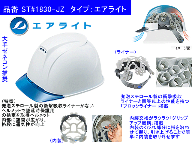 タニザワ 1830JZ-V5-W1-J エアライト搭載ヘルメット二層構造高通気性型 谷沢製作所 ホワイト